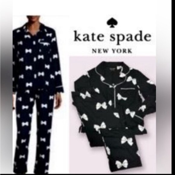 Kate Spade Black Bow pajamas set black and white bows_long sleeve Notch collar